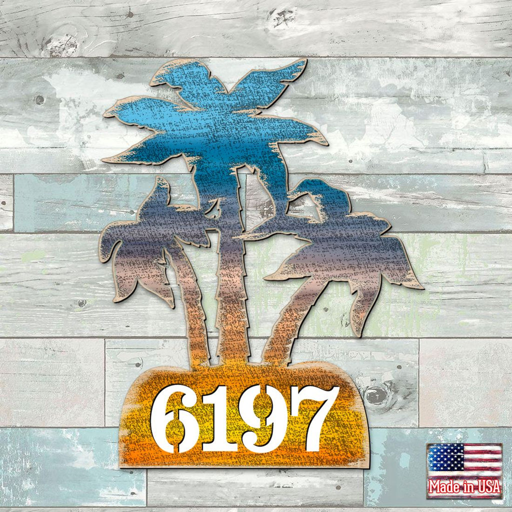 Palm Coastal Trees Personalized House Number Sign by G. Debrekht - Coastal Sea-Life Decor - Handcrafted Wooden Handcrafted Wooden Address Sign - MA8198415