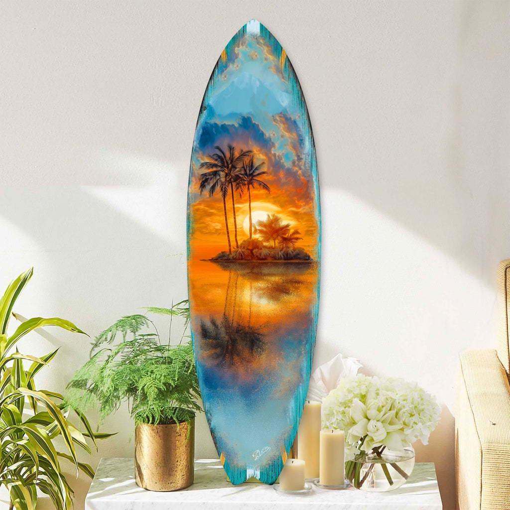 Handcrafted Tropical Sunset Surfboard Wall Art by G. DeBrekht, featuring a serene island scene with palm trees and a golden sunset reflected on tranquil waters. Perfect coastal wall decor for beach houses, surf-themed spaces, and nautical interiors. UV-coated for indoor & outdoor display.