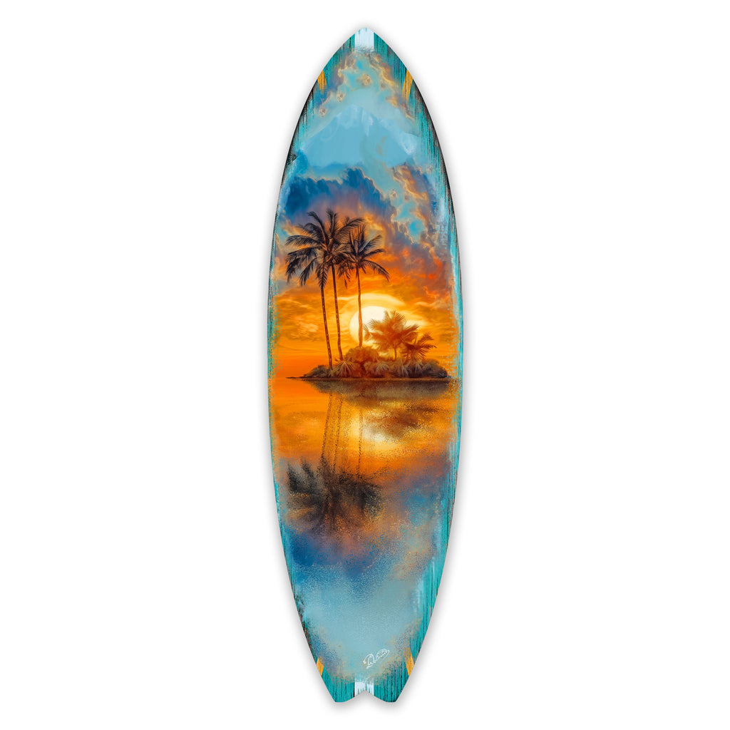 Handcrafted Tropical Sunset Surfboard Wall Art by G. DeBrekht, featuring a serene island scene with palm trees and a golden sunset reflected on tranquil waters. Perfect coastal wall decor for beach houses, surf-themed spaces, and nautical interiors. UV-coated for indoor & outdoor display.