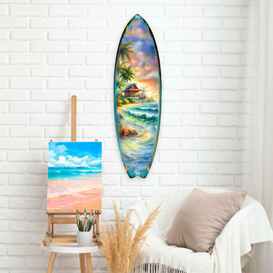 Handcrafted Tropical Beach House Surfboard Wall Art by G. DeBrekht, featuring a vibrant oceanfront bungalow, palm trees, and rolling waves. Perfect coastal wall decor for beach house interiors, surf-inspired spaces, and nautical-themed rooms. UV-coated for indoor & outdoor display.