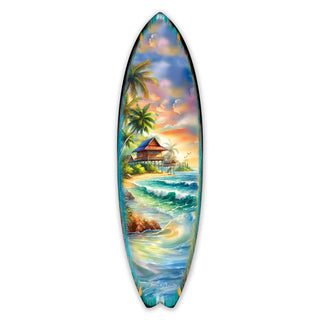 Handcrafted Tropical Beach House Surfboard Wall Art by G. DeBrekht, featuring a vibrant oceanfront bungalow, palm trees, and rolling waves. Perfect coastal wall decor for beach house interiors, surf-inspired spaces, and nautical-themed rooms. UV-coated for indoor & outdoor display.