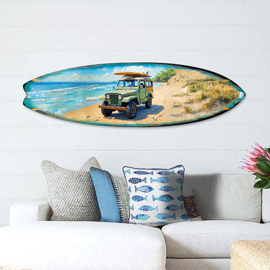 Handcrafted Vintage Beach Jeep Surfboard Wall Art by G. DeBrekht, featuring a classic beach cruiser on a sandy shore with ocean waves in the background. Perfect coastal wall decor for beach house interiors, surf-themed spaces, and nautical rooms. UV-coated for indoor & outdoor display.