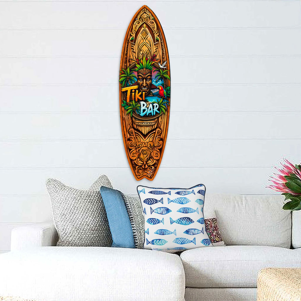 Handcrafted Tiki Bar Surfboard Wall Art by G. DeBrekht, featuring a bold tiki mask, palm trees, tropical sunset, and vibrant parrot. Perfect coastal wall decor for tiki bars, beach house interiors, and island-themed spaces. UV-coated for indoor & outdoor display.