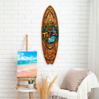 Handcrafted Tiki Bar Surfboard Wall Art by G. DeBrekht, featuring a bold tiki mask, palm trees, tropical sunset, and vibrant parrot. Perfect coastal wall decor for tiki bars, beach house interiors, and island-themed spaces. UV-coated for indoor & outdoor display.