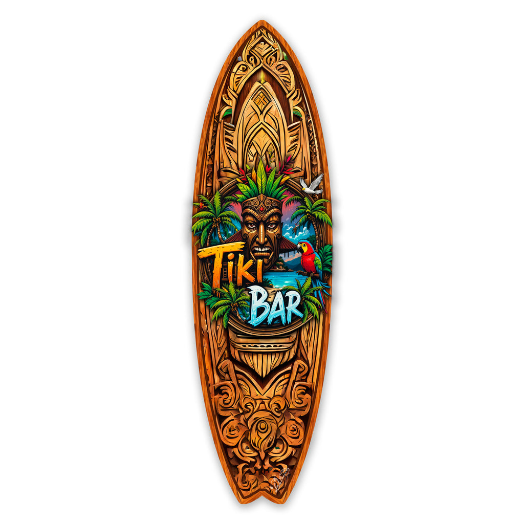 Handcrafted Tiki Bar Surfboard Wall Art by G. DeBrekht, featuring a bold tiki mask, palm trees, tropical sunset, and vibrant parrot. Perfect coastal wall decor for tiki bars, beach house interiors, and island-themed spaces. UV-coated for indoor & outdoor display.