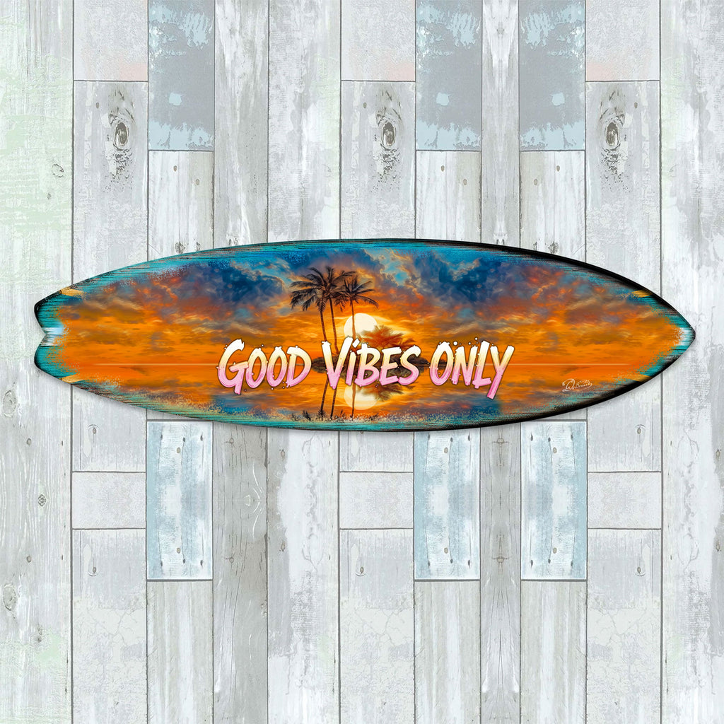 Handcrafted Good Vibes Only Surfboard Wall Art by G. DeBrekht, featuring a tropical sunset, palm trees, and bold lettering. Perfect coastal wall decor for beach houses, surf-themed spaces, and tropical interiors. UV-coated for indoor & outdoor display.