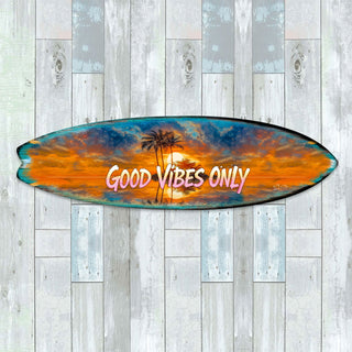 Handcrafted Good Vibes Only Surfboard Wall Art by G. DeBrekht, featuring a tropical sunset, palm trees, and bold lettering. Perfect coastal wall decor for beach houses, surf-themed spaces, and tropical interiors. UV-coated for indoor & outdoor display.