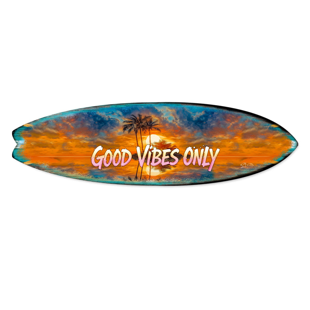 Handcrafted Good Vibes Only Surfboard Wall Art by G. DeBrekht, featuring a tropical sunset, palm trees, and bold lettering. Perfect coastal wall decor for beach houses, surf-themed spaces, and tropical interiors. UV-coated for indoor & outdoor display.