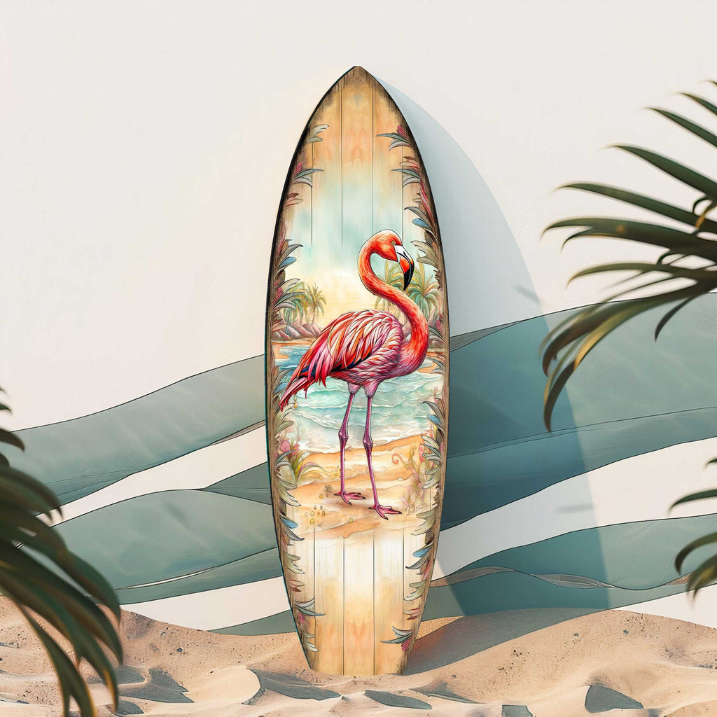 Pink Flamingo Surfboard Wall Art by G. DeBrekht – Handcrafted Tropical Coastal Wall Décor – 8490146HS