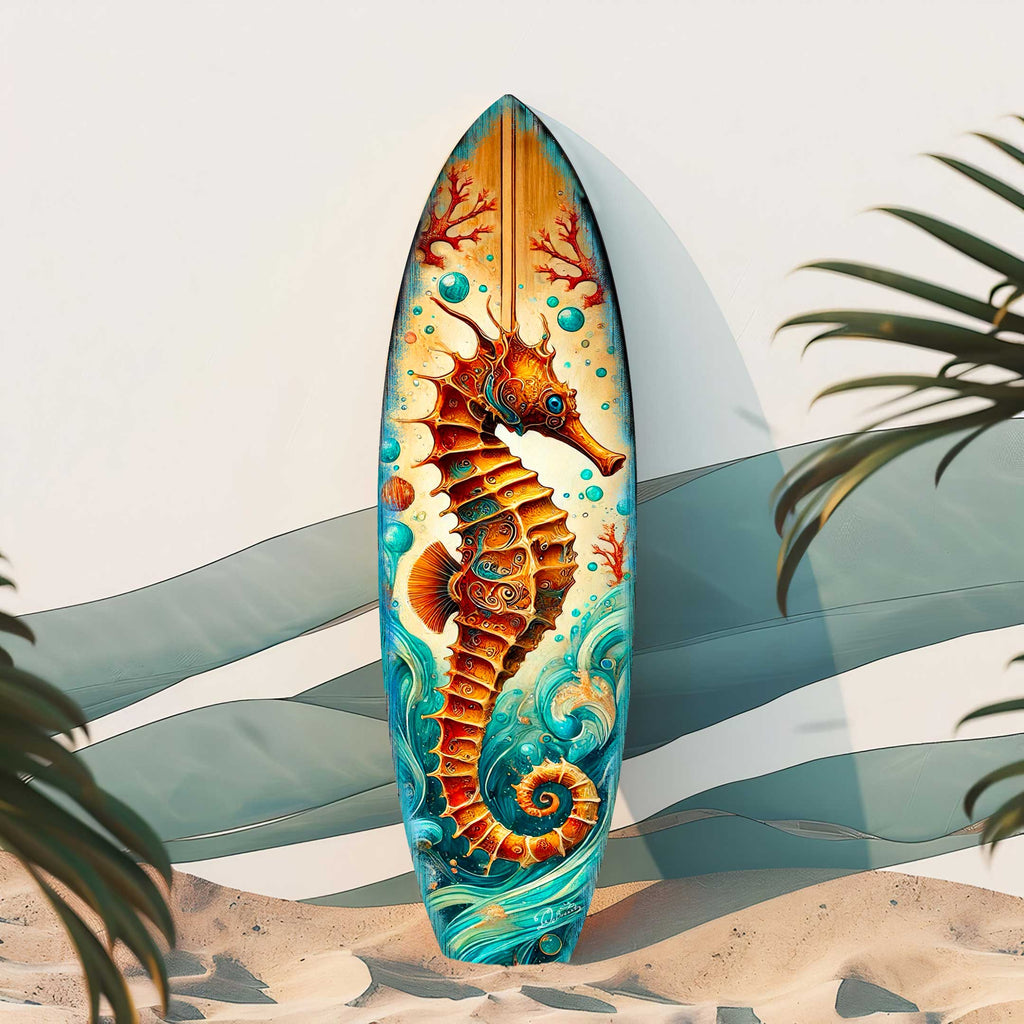 Seahorse Coastal Surfboard Wall Art – Handcrafted Wooden Ocean Decor by G.DeBrekht – Indoor Outdoor Beach House Accent – 8490147HS