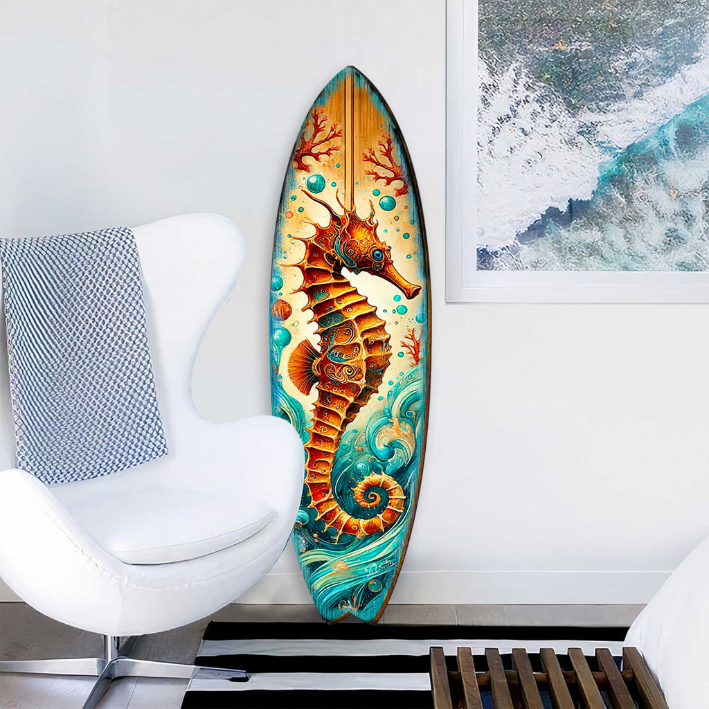 Seahorse Coastal Surfboard Wall Art – Handcrafted Wooden Ocean Decor by G.DeBrekht – Indoor Outdoor Beach House Accent – 8490147HS