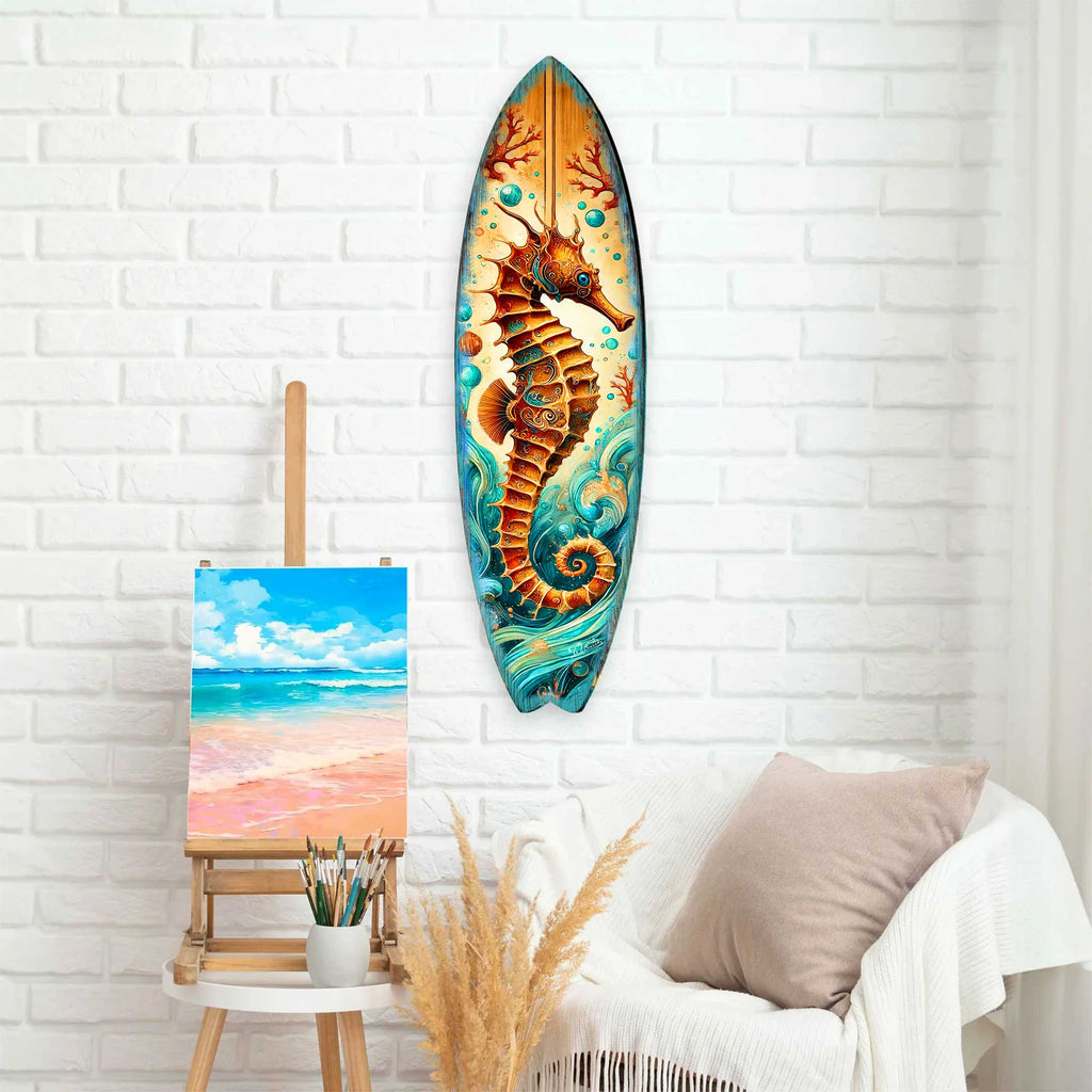 Seahorse Coastal Surfboard Wall Art – Handcrafted Wooden Ocean Decor by G.DeBrekht – Indoor Outdoor Beach House Accent – 8490147HS