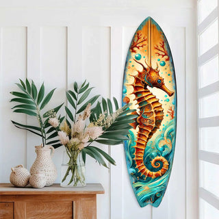 Seahorse Coastal Surfboard Wall Art – Handcrafted Wooden Ocean Decor by G.DeBrekht – Indoor Outdoor Beach House Accent – 8490147HS