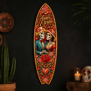 Amor Eterno Sugar Skull Couple Surfboard Wall Art – Day of the Dead Decor - Handcrafted Coastal Wooden Decor by G.DeBrekht – 8490168HS
