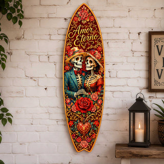 Amor Eterno Sugar Skull Couple Surfboard Wall Art – Day of the Dead Decor - Handcrafted Coastal Wooden Decor by G.DeBrekht – 8490168HS