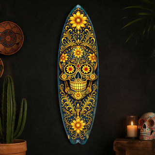 Gold Floral Sugar Skull Surfboard Wall Art - Day of the Dead Decor - Handcrafted Coastal Wooden Decor by G.DeBrekht – 8490169HS