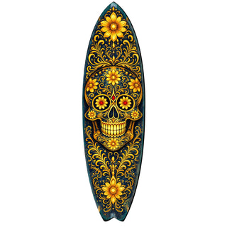 Gold Floral Sugar Skull Surfboard Wall Art - Day of the Dead Decor - Handcrafted Coastal Wooden Decor by G.DeBrekht – 8490169HS
