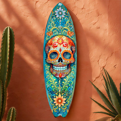 Colorful Sugar Skull Surfboard Wall Art – Day of the Dead Floral Decor - Handcrafted Coastal Wooden Decor by G.DeBrekht – 8490170HS