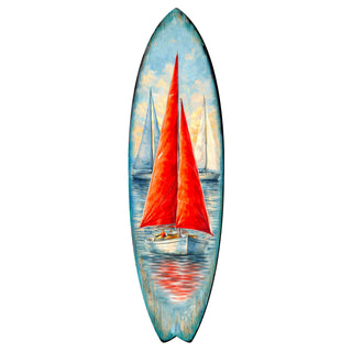 Red Sailboat Surfboard Wall Art – Coastal Nautical Boat Decor - Handcrafted Coastal Wooden Decor by G.DeBrekht – 8490172HS