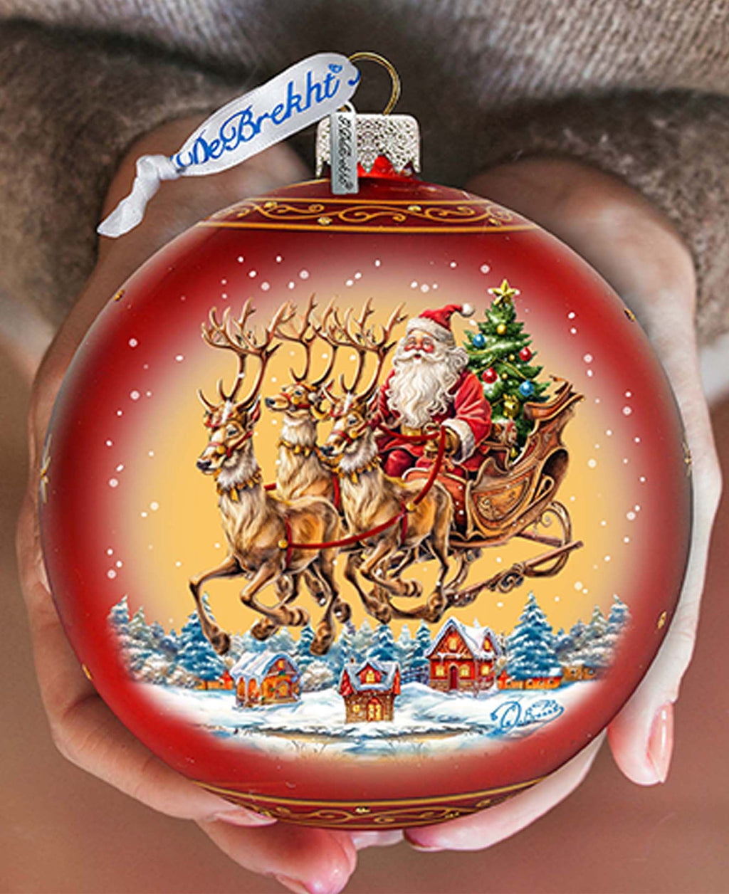 Santa on Sleigh Lg Glass Ornament by G.Debrekht - Christmas Santa Snowman Decor - 73938