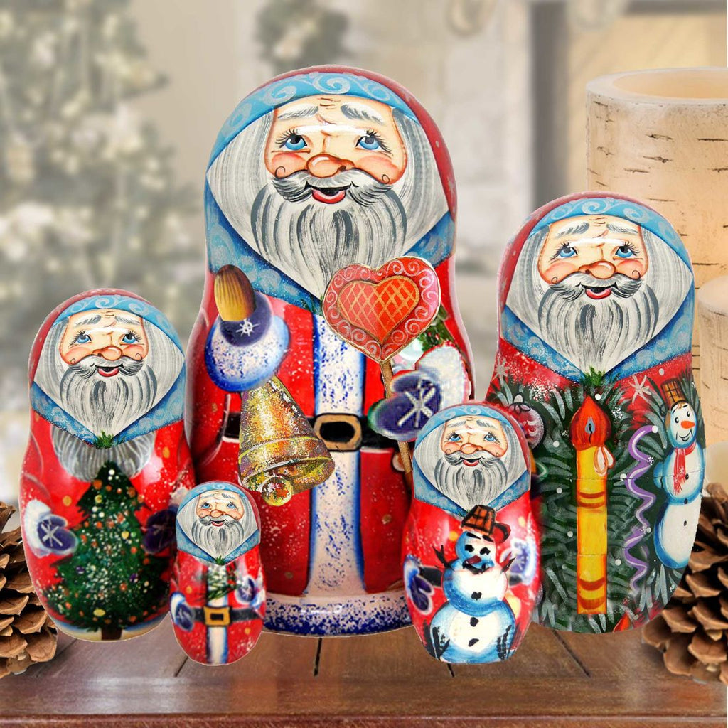 Santa and Frosty Matreshka Nesting Hand-Painted Doll Set of 5 by G. DeBrekht - Christmas Santa Snowman Decor - 110083