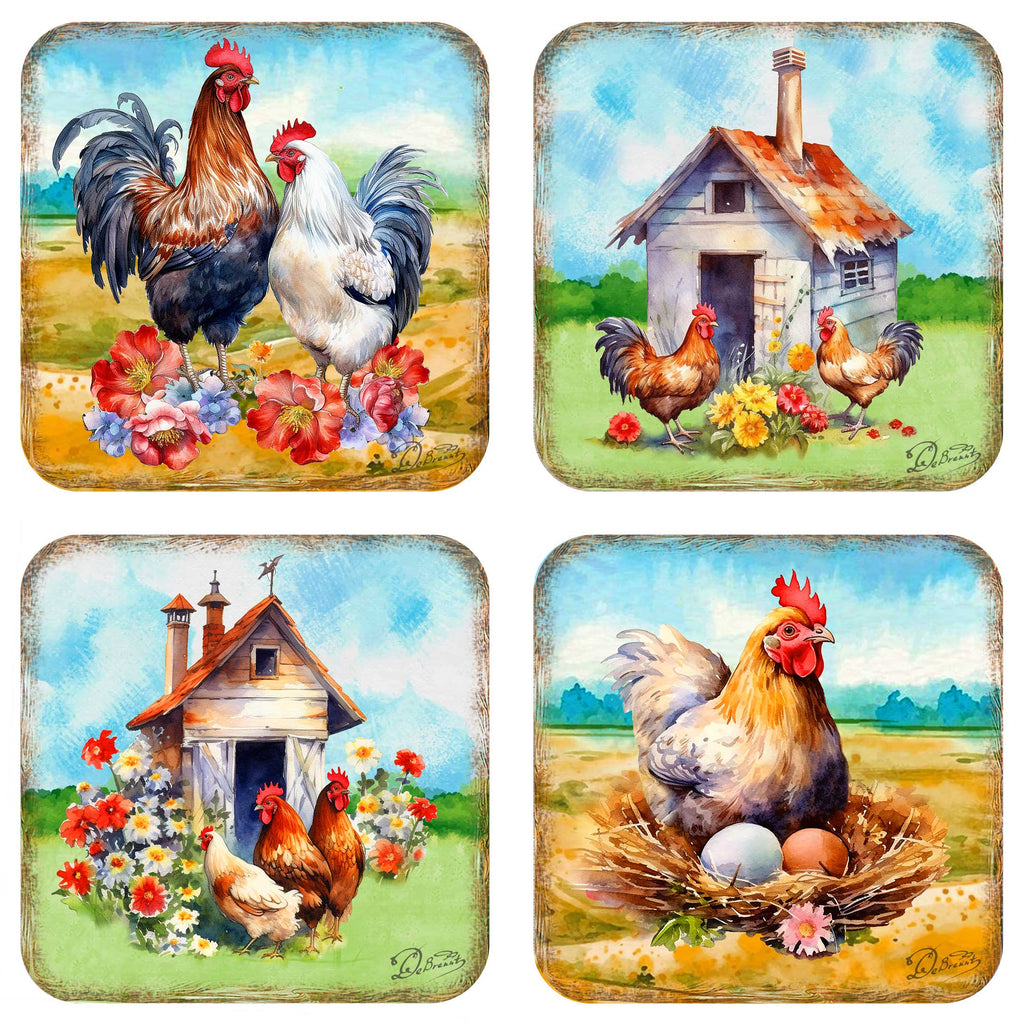 Spring on a Farm Wooden Cork Coasters Gift Set of 4 by G. Debrekht - Easter Spring Decor - 8199436C-S4