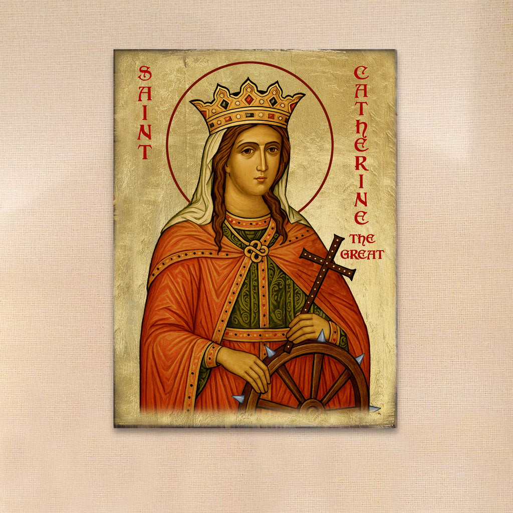 Saint Catherine Icon – Handcrafted Religious Decor | Gold Plated Wooden Christian Wall Hanging - 85068