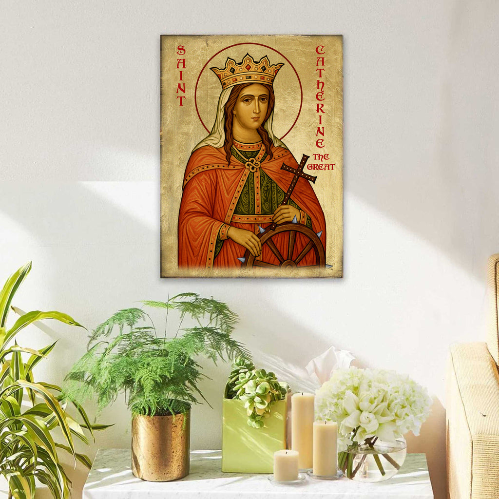 Saint Catherine Icon – Handcrafted Religious Decor | Gold Plated Wooden Christian Wall Hanging - 85068