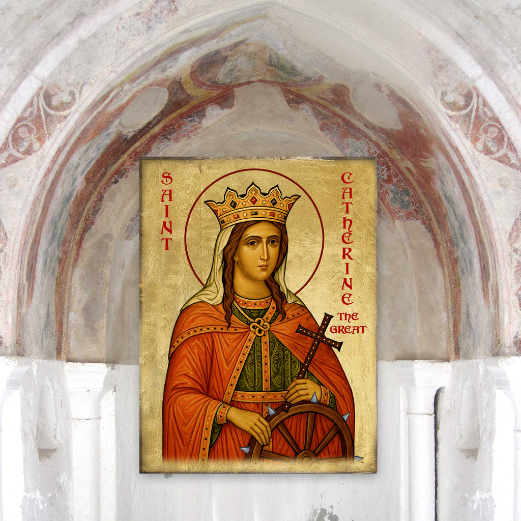 Saint Catherine Icon – Handcrafted Religious Decor | Gold Plated Wooden Christian Wall Hanging - 85068