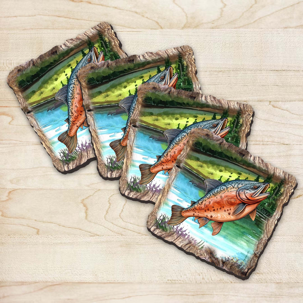 Salmon Wooden Cork Coasters Gift Set of 4 by Nature Wonders Coastal Nature Wildlife Decor - 95394C-S4
