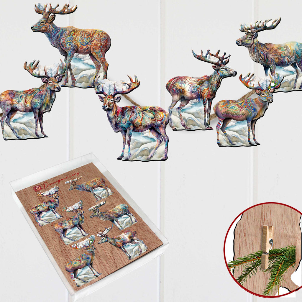Iconic Caribou of Alaska Clip-On Eco Wood Decorative Ornaments Set of 6 by G. Debrekht - Wildlife Decor - 8090111C-S6