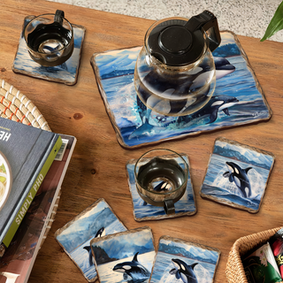 Playful Orcas Wooden Cork Placemat and Coasters Gift Set of 7 by Nature Wonders Coastal Nature Wildlife Décor - 85412C-S7