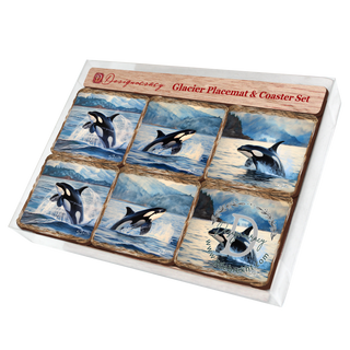 Playful Orcas Wooden Cork Placemat and Coasters Gift Set of 7 by Nature Wonders Coastal Nature Wildlife Décor - 85412C-S7
