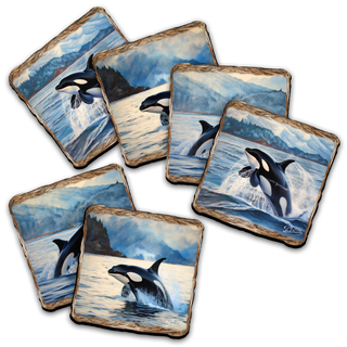 Playful Orcas Wooden Cork Placemat and Coasters Gift Set of 7 by Nature Wonders Coastal Nature Wildlife Décor - 85412C-S7