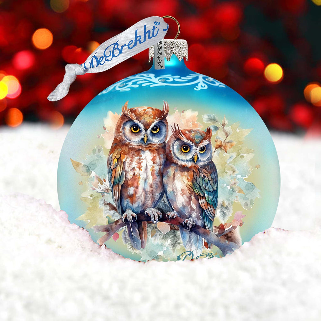 A Love for All Seasons: Wild Owls Ball Glass Ornament by G. Debrekht - Wildlife Holiday Decor - 73384