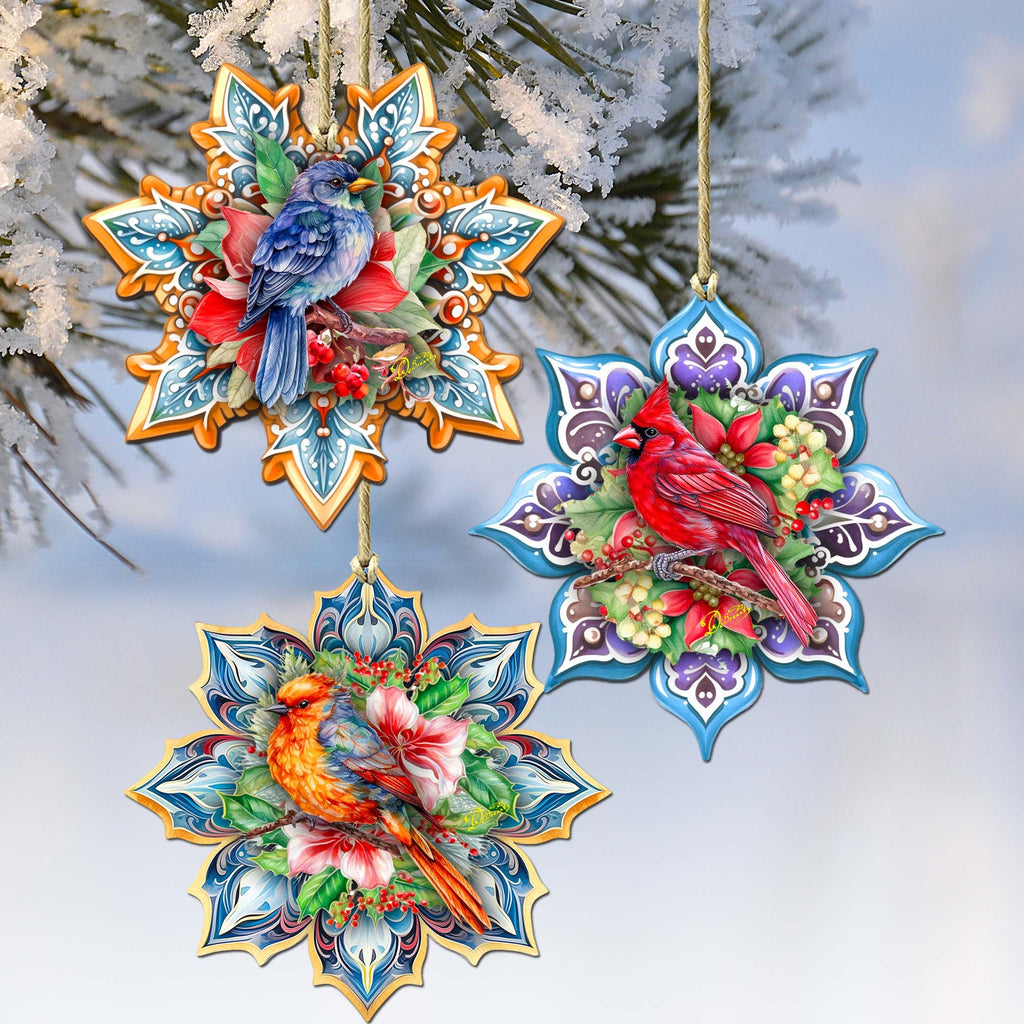 Forest Birds Snowflake Eco Wood Ornaments Set of 3 by G. Debrekht - Christmas Decor - 8090144-S3