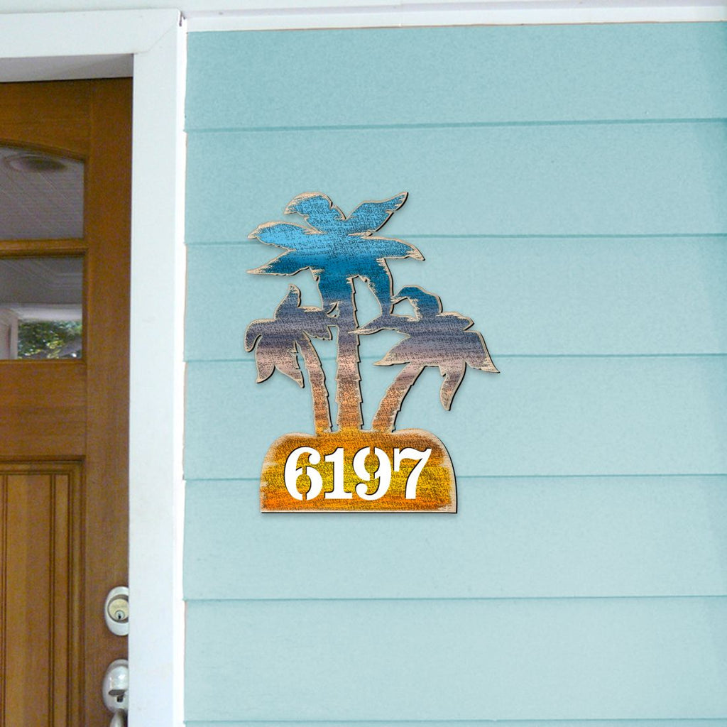 Palm Coastal Trees Personalized House Number Sign by G. Debrekht - Coastal Sea-Life Decor - Handcrafted Wooden Handcrafted Wooden Address Sign - MA8198415