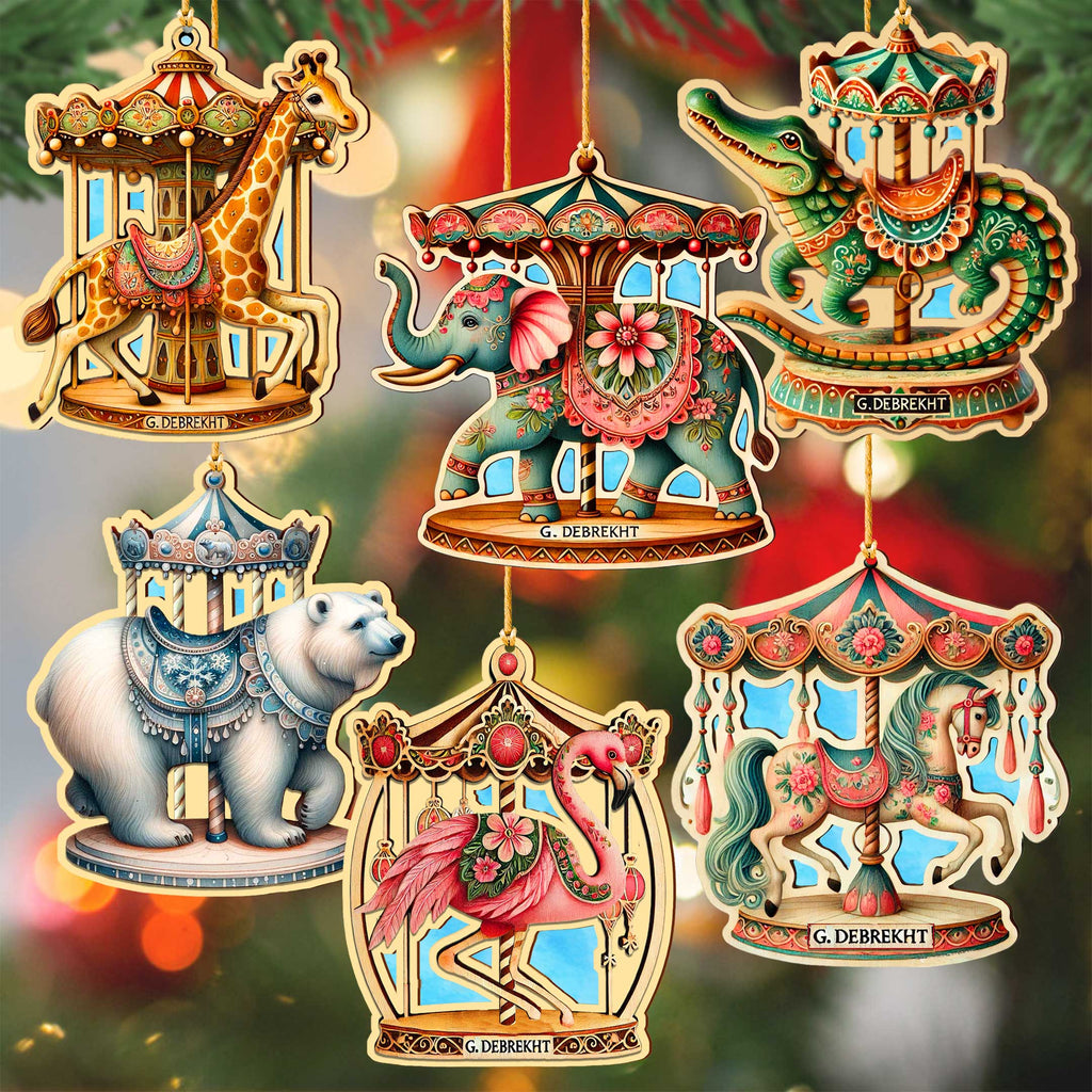 Elegant wooden carousel animal ornaments featuring intricate hand-painted designs. The set includes a lion, polar bear, peacock, dolphin, giraffe, elephant, tiger, and whale, each adorned with ornate saddles and vibrant colors. Crafted from high-quality wood, these collectible Christmas ornaments capture the vintage charm of classic carousels. Perfect for holiday decor, Christmas tree decorations, or as a unique gift for carousel and animal lovers.