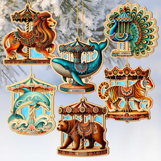 Elegant wooden carousel animal ornaments featuring intricate hand-painted designs. The set includes a lion, polar bear, peacock, dolphin, giraffe, elephant, tiger, and whale, each adorned with ornate saddles and vibrant colors. Crafted from high-quality wood, these collectible Christmas ornaments capture the vintage charm of classic carousels. Perfect for holiday decor, Christmas tree decorations, or as a unique gift for carousel and animal lovers.