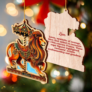 Elegant wooden carousel animal ornaments featuring intricate hand-painted designs. The set includes a lion, polar bear, peacock, dolphin, giraffe, elephant, tiger, and whale, each adorned with ornate saddles and vibrant colors. Crafted from high-quality wood, these collectible Christmas ornaments capture the vintage charm of classic carousels. Perfect for holiday decor, Christmas tree decorations, or as a unique gift for carousel and animal lovers.