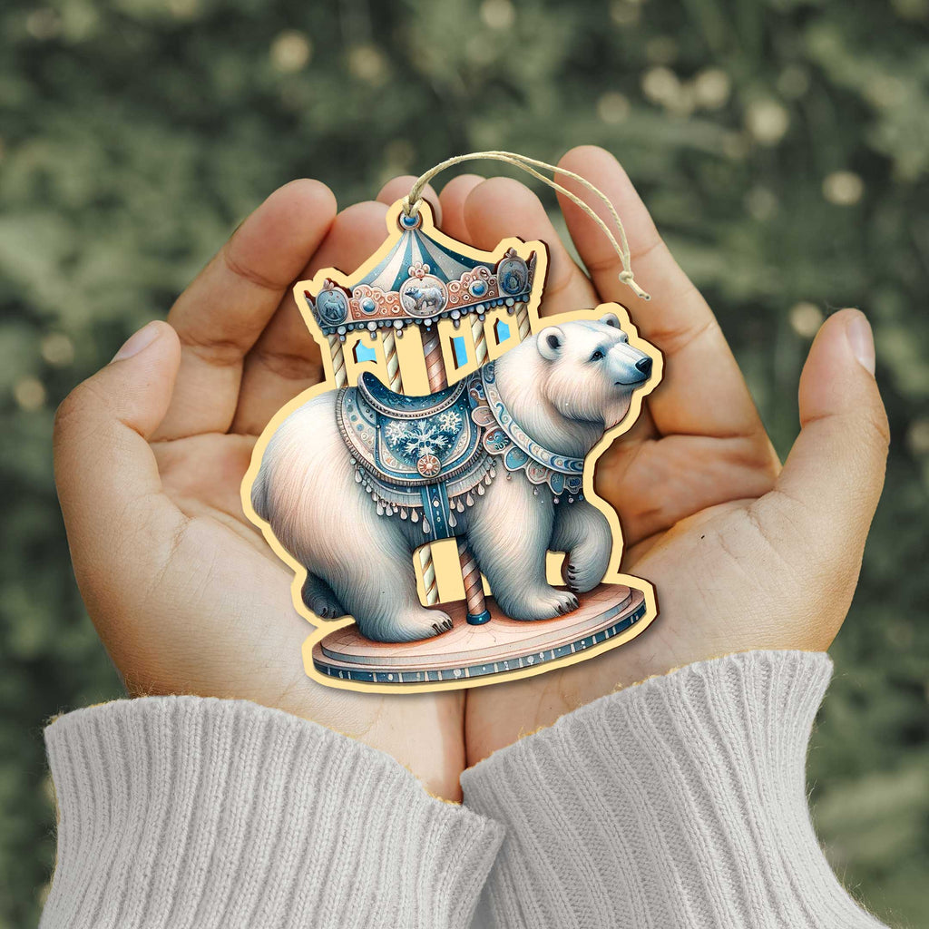 Elegant wooden carousel animal ornaments featuring intricate hand-painted designs. The set includes a lion, polar bear, peacock, dolphin, giraffe, elephant, tiger, and whale, each adorned with ornate saddles and vibrant colors. Crafted from high-quality wood, these collectible Christmas ornaments capture the vintage charm of classic carousels. Perfect for holiday decor, Christmas tree decorations, or as a unique gift for carousel and animal lovers.