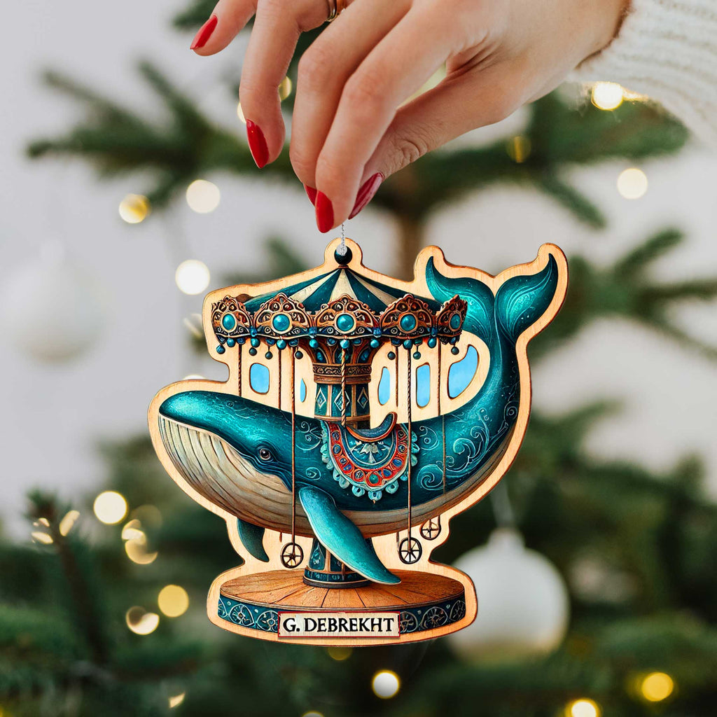 Elegant wooden carousel animal ornaments featuring intricate hand-painted designs. The set includes a lion, polar bear, peacock, dolphin, giraffe, elephant, tiger, and whale, each adorned with ornate saddles and vibrant colors. Crafted from high-quality wood, these collectible Christmas ornaments capture the vintage charm of classic carousels. Perfect for holiday decor, Christmas tree decorations, or as a unique gift for carousel and animal lovers.