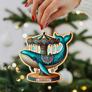 Elegant wooden carousel animal ornaments featuring intricate hand-painted designs. The set includes a lion, polar bear, peacock, dolphin, giraffe, elephant, tiger, and whale, each adorned with ornate saddles and vibrant colors. Crafted from high-quality wood, these collectible Christmas ornaments capture the vintage charm of classic carousels. Perfect for holiday decor, Christmas tree decorations, or as a unique gift for carousel and animal lovers.