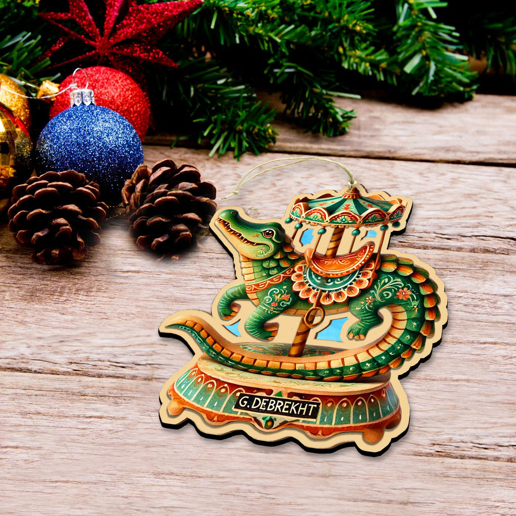 Elegant wooden carousel animal ornaments featuring intricate hand-painted designs. The set includes a lion, polar bear, peacock, dolphin, giraffe, elephant, tiger, and whale, each adorned with ornate saddles and vibrant colors. Crafted from high-quality wood, these collectible Christmas ornaments capture the vintage charm of classic carousels. Perfect for holiday decor, Christmas tree decorations, or as a unique gift for carousel and animal lovers.