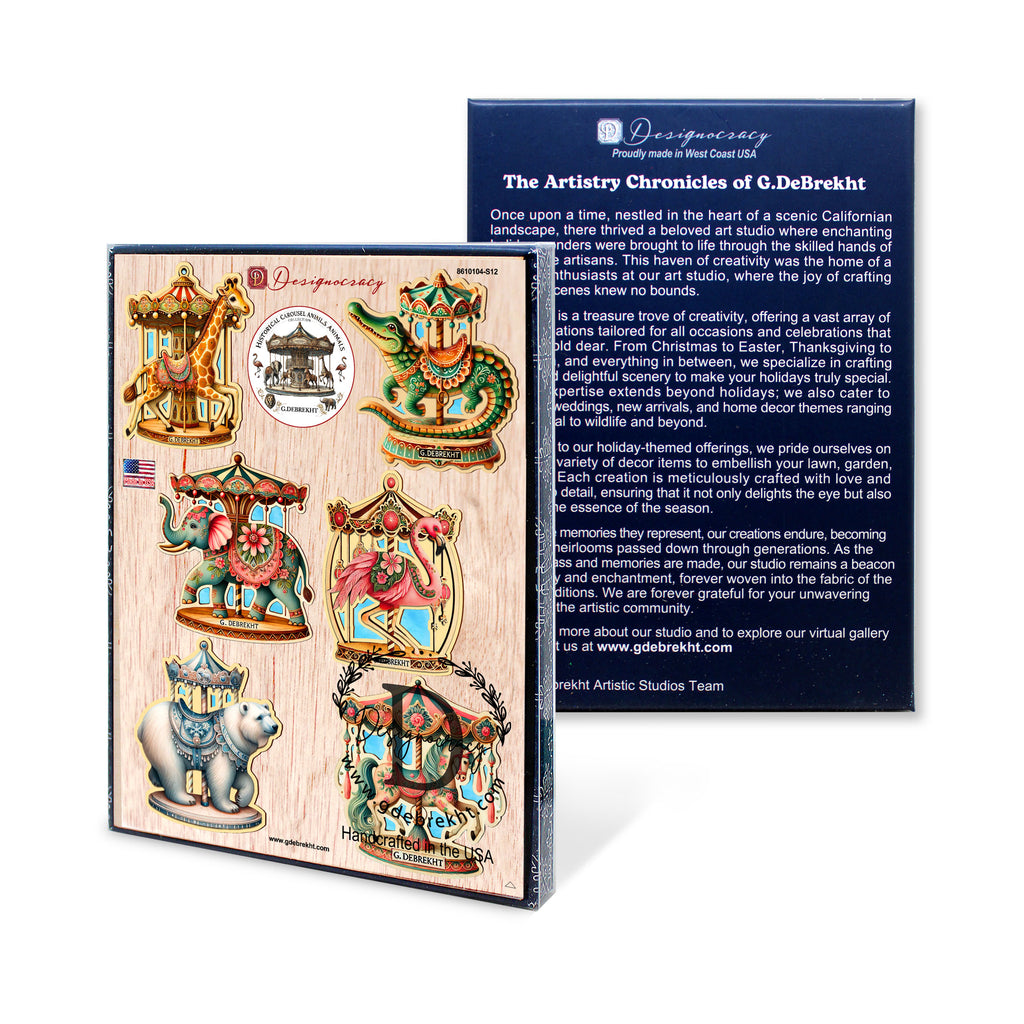Wooden carousel animal ornament set in a beautifully designed gift box. The packaging features detailed illustrations of carousel animals, including a giraffe, dragon, elephant, polar bear, and flamingo, each with intricate hand-painted designs. The back of the box showcases the artistry of G.DeBrekht, highlighting the craftsmanship and heritage of the collection. Perfect as a collectible Christmas ornament set or a unique holiday gift for carousel and vintage decor enthusiasts.