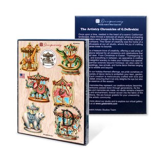 Wooden carousel animal ornament set in a beautifully designed gift box. The packaging features detailed illustrations of carousel animals, including a giraffe, dragon, elephant, polar bear, and flamingo, each with intricate hand-painted designs. The back of the box showcases the artistry of G.DeBrekht, highlighting the craftsmanship and heritage of the collection. Perfect as a collectible Christmas ornament set or a unique holiday gift for carousel and vintage decor enthusiasts.