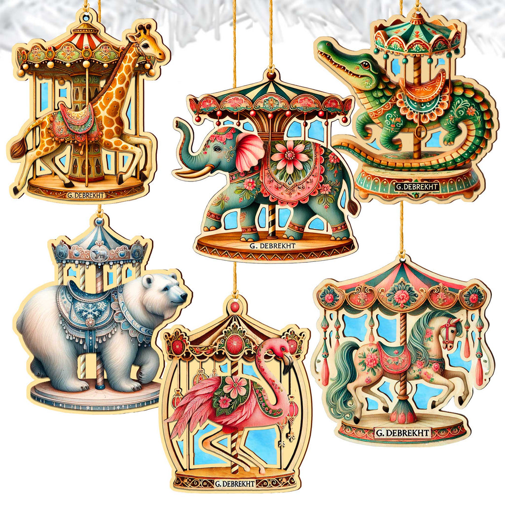 Elegant wooden carousel animal ornaments featuring intricate hand-painted designs. The set includes a lion, polar bear, peacock, dolphin, giraffe, elephant, tiger, and whale, each adorned with ornate saddles and vibrant colors. Crafted from high-quality wood, these collectible Christmas ornaments capture the vintage charm of classic carousels. Perfect for holiday decor, Christmas tree decorations, or as a unique gift for carousel and animal lovers.