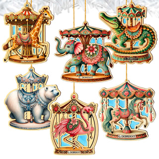 Elegant wooden carousel animal ornaments featuring intricate hand-painted designs. The set includes a lion, polar bear, peacock, dolphin, giraffe, elephant, tiger, and whale, each adorned with ornate saddles and vibrant colors. Crafted from high-quality wood, these collectible Christmas ornaments capture the vintage charm of classic carousels. Perfect for holiday decor, Christmas tree decorations, or as a unique gift for carousel and animal lovers.