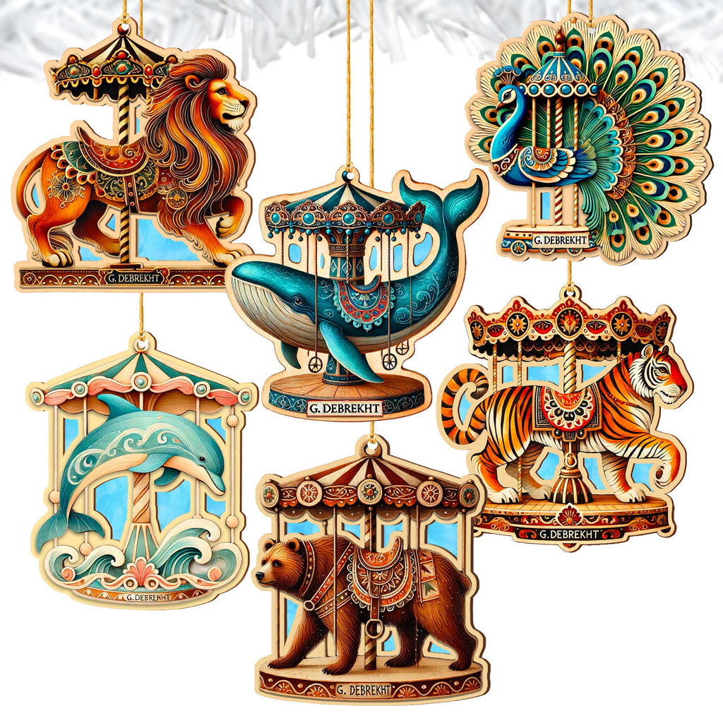 Elegant wooden carousel animal ornaments featuring intricate hand-painted designs. The set includes a lion, polar bear, peacock, dolphin, giraffe, elephant, tiger, and whale, each adorned with ornate saddles and vibrant colors. Crafted from high-quality wood, these collectible Christmas ornaments capture the vintage charm of classic carousels. Perfect for holiday decor, Christmas tree decorations, or as a unique gift for carousel and animal lovers.