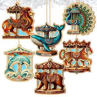 Elegant wooden carousel animal ornaments featuring intricate hand-painted designs. The set includes a lion, polar bear, peacock, dolphin, giraffe, elephant, tiger, and whale, each adorned with ornate saddles and vibrant colors. Crafted from high-quality wood, these collectible Christmas ornaments capture the vintage charm of classic carousels. Perfect for holiday decor, Christmas tree decorations, or as a unique gift for carousel and animal lovers.